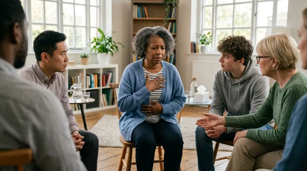 Group of diverse adults sitting in a circle in a bright living room; a woman in a blue cardigan speaks with her hand on her chest, others listening attentively.