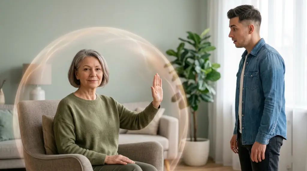 Older woman on a beige sofa raises her hand in a stop gesture as a younger man stands nearby in a living room, with a translucent protective bubble surrounding them.