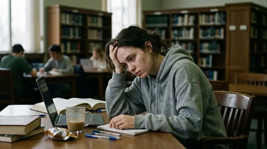 Student in a library sits at a table, head resting on hand while studying with a laptop, notebook, and coffee nearby.