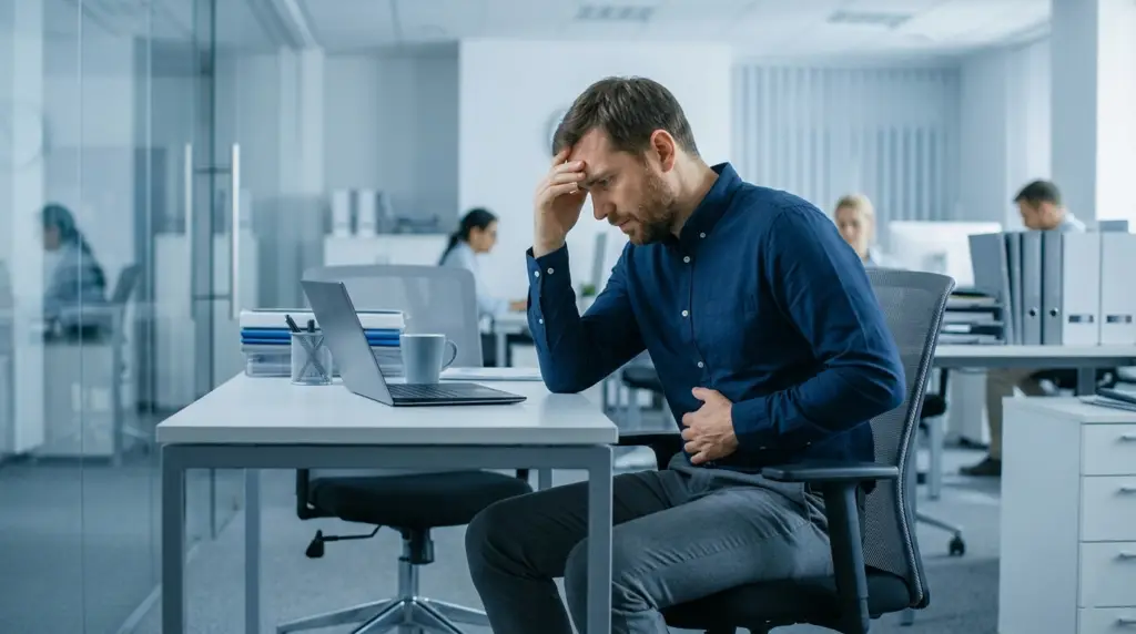 Man in blue shirt sits at a desk in an office, head in hand, looking stressed while working on a laptop.