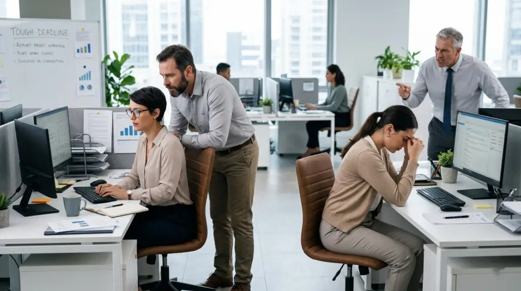 Open-plan office with two women at desks; a man stands behind one, assisting, while a manager argues with a staff member in the background.